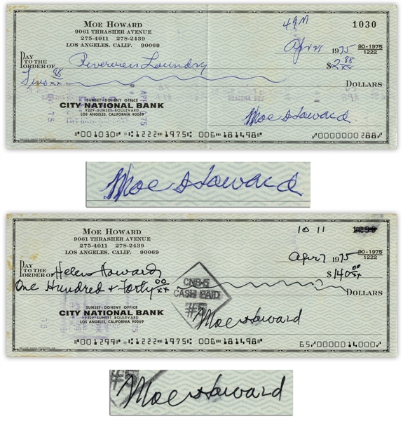 Two of the Last Checks Signed by Moe Howard Before His Death -- One Dated 7 April 1975 to His Wife Helen Howard & One Dated 21 April 1975 -- Both Measure 8.25'' x 3'' -- Very Good Condition